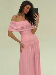 Aloruh Women's Elegant Solid Beaded Off Shoulder Maxi Dress For Summer - Pink - View 6