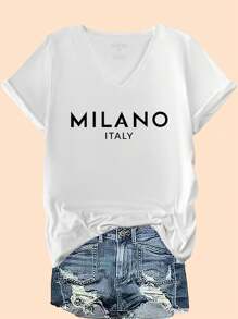 Calvaya 大码女式简约“MILANO ITALY”字母印花V领短袖休闲T恤