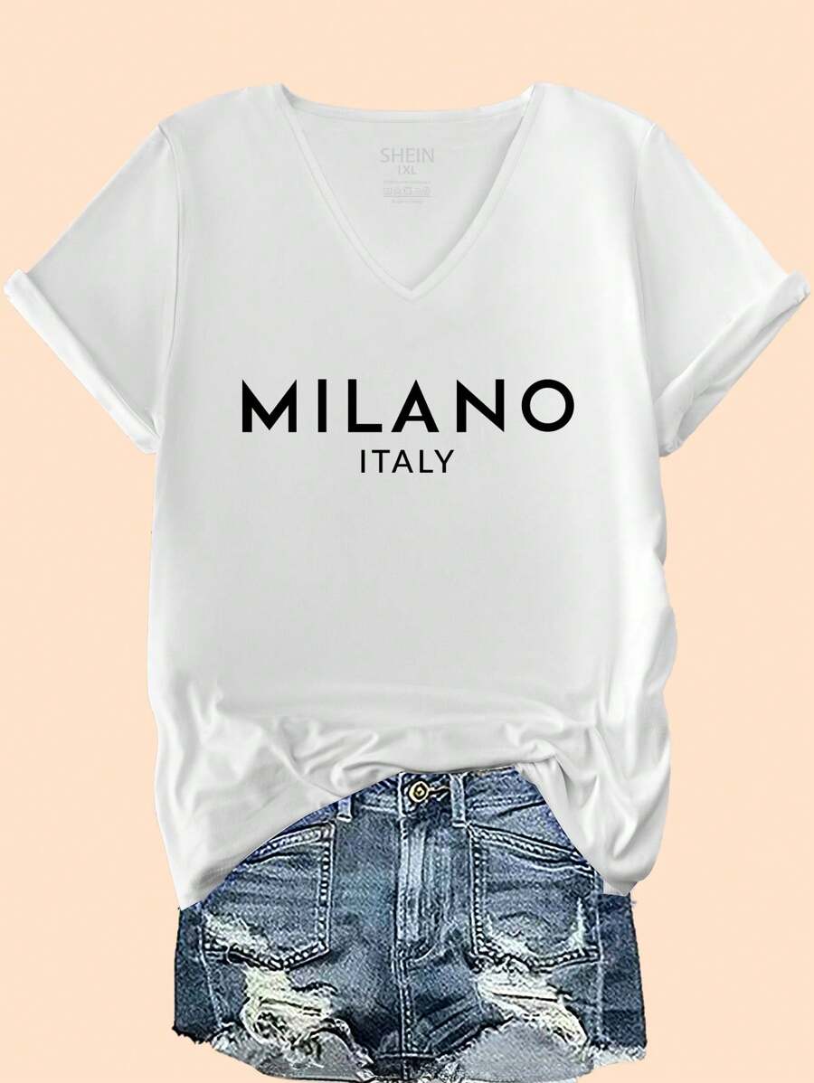 Calvaya 大码女式简约“MILANO ITALY”字母印花V领短袖休闲T恤