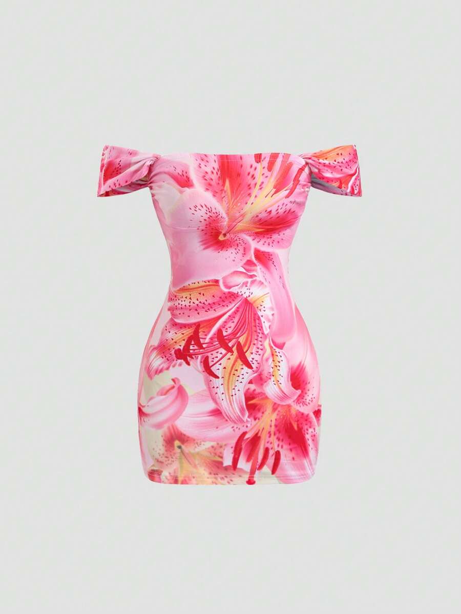 Sweetra 欧美风格花卉印花露肩紧身连衣裙，女士优雅度假沙滩裙