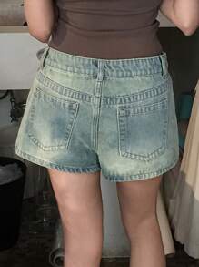 SHEIN ICON Shorts in jeans estivi casual da donna con tasche oblique lavati