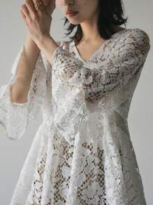 FRIFUL Blusa holgada con encaje y volantes de manga corta, uso casual de verano para vacaciones - Blanco - Ver 4