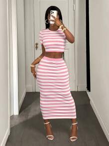 BamGleam Bộ 2 món/Bộ áo crop top kẻ sọc thường ngày mùa hè cho nữ và chân váy ngắn - Nhiều màu - Xem 4