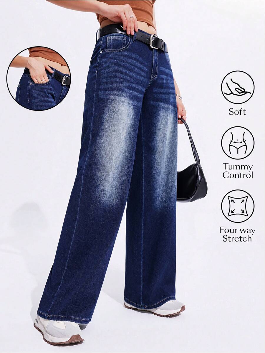 SHEIN Unity Women's Low Waist Straight Leg Knit Jeans - Dark Wash - View 1