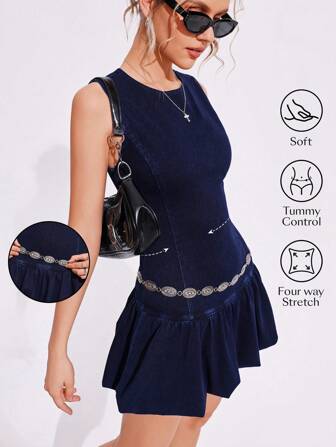 Flexra 女式圆领无袖休闲褶边牛仔连衣裙