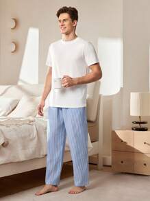 2pcs Set Men Printed Plaid Soft Comfortable Trim Short Sleeve Shorts Pajama Set - Blue and White - View 3