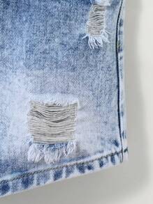 SHEIN 4-7yrs Young Kids Ripped Short Sleeves Tucker Denim Jacket&Ripped Denim Shorts Two Pieces Set,Light Blue,Button Closure,Summer Urban Street Fashion - Medium Wash - View 8