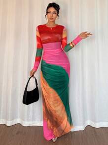 Chiquease Women's Tie-Dye Pleated Dress Maxi Women Outfit Fall Cloth For Women