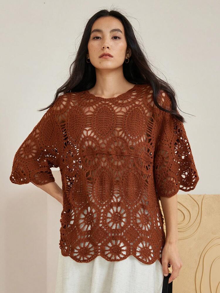 Casual Crochet Fishnet Knitted Short Sleeve Cover Up Cover Up For Women, Summer Business Casual Woman Work Clothes