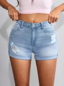 SHEIN EZwear Shorts vaqueros casuales de mujer con dobladillo enrollado y desgastados, con bolsillos