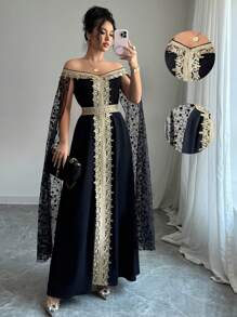 Chiquease 1 Stück Damen Kleid mit Off-Shoulder Blumen Stickerei Spitze Einsatz - Schwarz - Übersicht 1