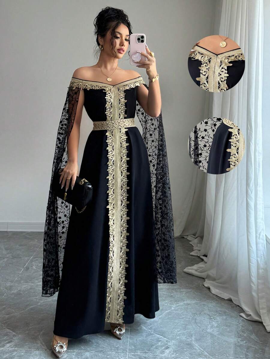 Chiquease 1 Stück Damen Kleid mit Off-Shoulder Blumen Stickerei Spitze Einsatz - Schwarz - Übersicht 1