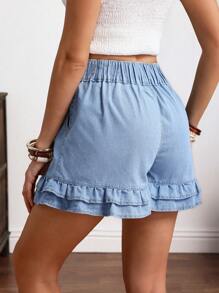 EMERY ROSE Plus Size Women Casual Wash Denim Shorts, Asymmetric Pocket & Ruffle Hem, Summer