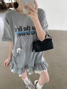 DAZY Women's Round Neck Graphic Bowknot Ruffle Hem Solid Letter Print Short Sleeve T-Shirt Cute Tops - Grey - View 6