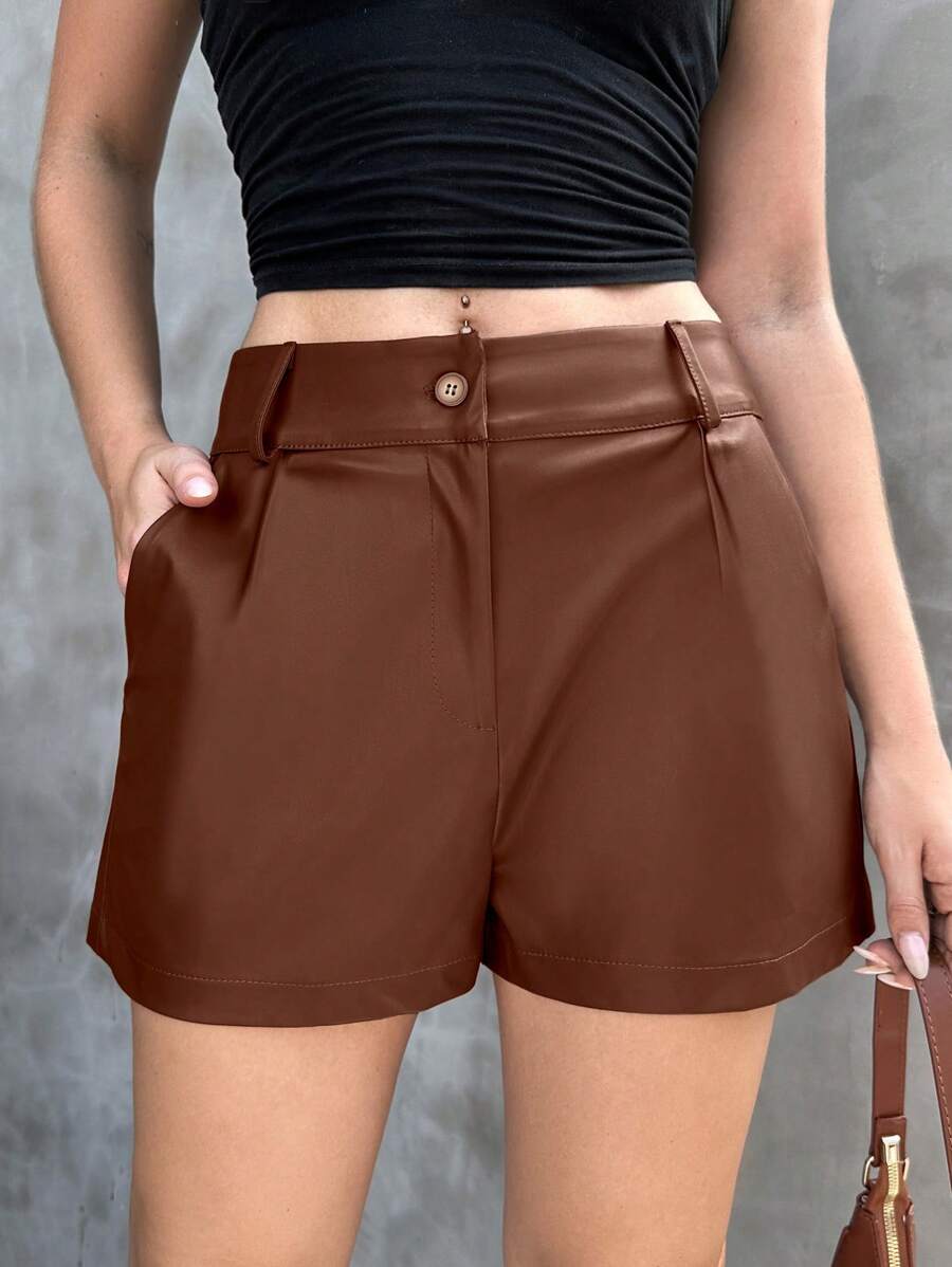 SHEIN Cottnline Women's Solid High Rise PU Shorts Simple Fashionable Daily Casual - Brown - View 1