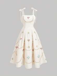 SHEIN MOD Plus Size Women Beige Vintage Floral Print Bowknot Waist Dress, Apricot Base Placement Print Plus Size Women Long Dress,Summer Dresses,Positioning Printing,Short Sleeves,Boho Chic Dress