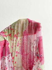 Soleia 大码女式复古花卉印花拼布针织网眼前开襟束腰喇叭袖束腰上衣 - 彩色 - 查看 7