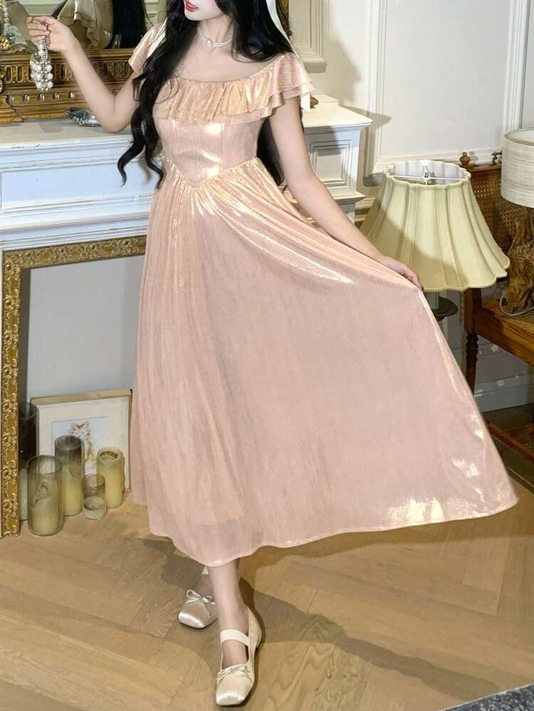 Women's Spring/Summer Solid Color Ruffle Trim Palace Style Long Dress Maxi Dress