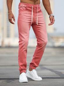 Manfinity Homme Men's Casual Washed Drawstring Waist Tapered Leg Jeans - Pink - View 8