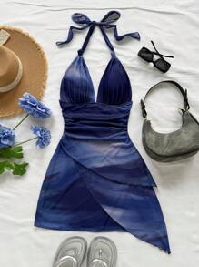 Soleia 性感复古渐变色露背 V 领系带网眼褶皱不对称下摆浪漫度假迷你连衣裙女 - 彩色 - 查看 7