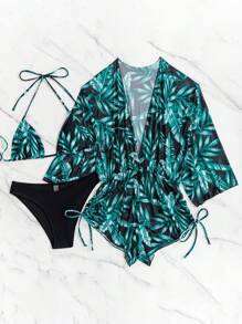 Swim Lushoire Swimsuits For Woman Summer Beach 3packs Random Tropical Print Halter Drawstring Side Bikini - Green - View 3