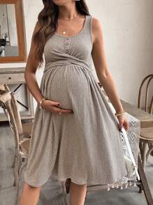 SHEIN Vestido de maternidad de unicolor con diseño de cuello redondo, botones y cruce de cintura, sin mangas