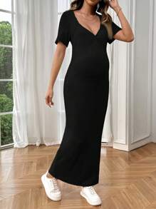 SHEIN Maternity Women Casual Spring/Summer Ribbed Ribbed Elastic Fabric Knee Length Dress - Black - View 5