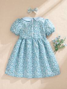 Souflis Souflis 女童可爱法式设计花卉刺绣圆领宽松甜美短袖连衣裙，适合夏季 - 藍色 - 查看 3