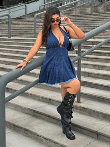 SHEIN ICON Summer Fashion Casual Tube Top Camisole Dress - Dark Wash - View 3