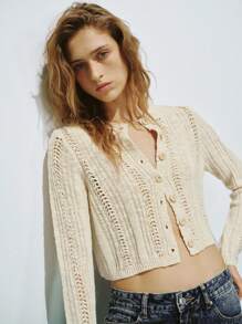 Lumivelle Short Hollow-Out Knitted Cardigan - Apricot - View 3