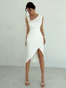 Firerie Vestidos midi para mujer, modestos, ropa de mujer para otoño, casual de negocios, estilo old money, atuendos de campo, blusas para salir, atuendo de viaje para el aeropuerto, de vuelta a la escuela, vestidos blancos, vestido asimétrico de unicolor con cuello plisado sin mangas y cintura esbelta de longitud media, vestido maxi blanco, atuendo de invitada de boda, cita de San Valentín, vacaciones, uso diario - Blanco - Ver 7