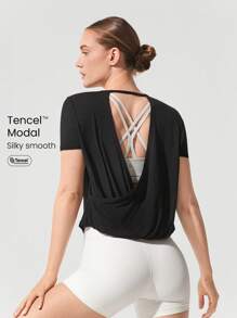 GLOWMODE TENCEL™ Modal Sun Chaser Lightweight Silky Smooth Cropped Short Sleeve Open Back Active Top Low Impact Yoga Pilates Studio Gym Daily - Black - View 1