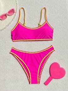 Swim Vcay 2pcs/Set Fuchsia & Yellow Contrast Color Shell Trim Adjustable Strap Women Bikini Set, Spring/Summer 2026