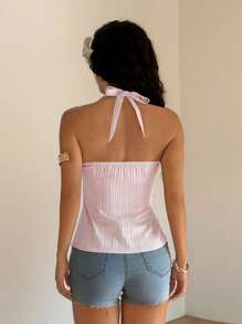 Sunnyshic Women's Casual Simple Solid Color Pleated Halter Neck Blouse, Summer