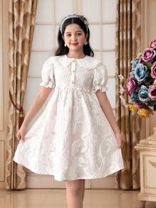 SHEIN Tween Girls Cute & Elegant Jacquard Organza Lace Peter Pan Collar Puff Sleeve Mini Dress - White - View 8