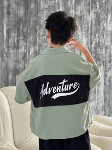 SHEIN 2 件套青少年男童休闲纯色 Polo 领刺绣宽松短袖衬衫和梭织短裤套装，黑白相间，适合通勤、上学、日常休闲、旅行、运动、春夏秋冬 - 黑色 - 查看 5