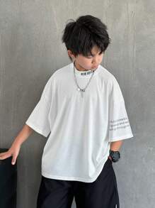 SHEIN Tween Boy White Summer Oversized Graphic City Break Korean Short Sleeve Letter & Graphic Print T-Shirt,Half-Neck Round Neck Casual Daily Wear Sports - White - View 3