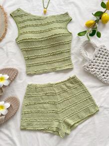 Soleia Set de 2 piezas para mujer con top de cuello asimétrico con volantes y shorts de unicolor - Verde - Ver 3