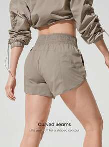 GLOWMODE 编织透气高腰提臀跑步短裤，带口袋，低冲击休闲日常健身夏季 - 卡其色 - 查看 2