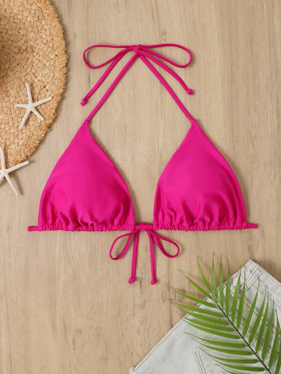 Swim Lushoire 大碼褶邊掛脖比基尼上衣 - 玫紅色 - 查看 1