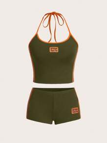 SHEIN ICON Women's Y2k Summer Outfits Sports Color Block Bikercore Letter Embroidery Sleeveless Top And Low Waist Shorts Set - Army Green - View 9