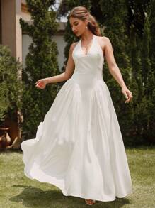 SHEIN Unity Vestido maxi elegante de un solo color con cuello halter, espalda descubierta y sin mangas - Blanco - Ver 3