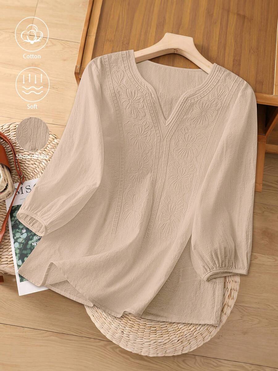 GlowEve Women's V-Neck Embroidered White Short Sleeve Blouse - Khaki - View 1