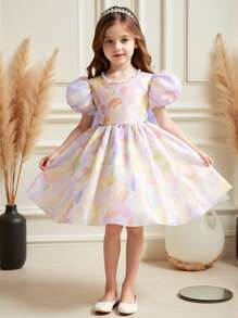 Girls Beaded Colorful Mesh Puff Sleeve Princess Dress With Bow Back Decor, Purple Ditsy Floral Summer Party Gown For Children Baby Girl Dress Elegant Flower Girl Dress Baby Girls Partywear Baby Girl Party Dress Birthday Dresses For Girls Bow Dresses For Girls
