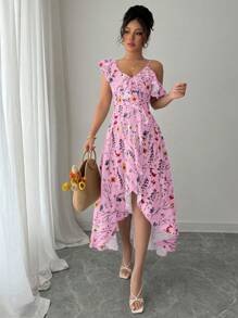 Elenzga Váy in hoa xếp nếp bất đối xứng thanh lịch dành cho nữ - Hồng - Xem 4