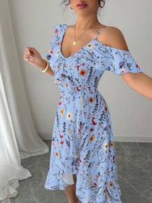 Selianne Summer Elegant Asymmetric Ruffle Hem Floral Print Dress - Blue - View 6