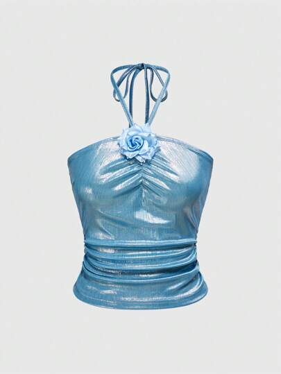 ROMWE Avant Chemise élégante à décor floral 3D sans manches pour femme, été