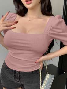 Dazy Plus Camiseta de manga abullonada de unicolor, de ajuste ceñido, con cuello cuadrado estriado, para primavera/verano