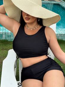 SHEIN Swim Curve Plus Size Solid Color Tank Bikini, Fashion Suitable For Summer - Black - View 4