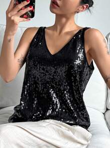 DAZY Shiny Sequin Lightweight Women's Pajama Top,New Year - Black - View 6